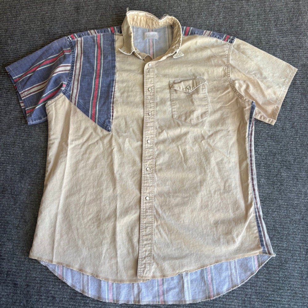 Express Riders Mens Short Sleeve Western Pearl Snap Shirt Tan Blue Striped Large